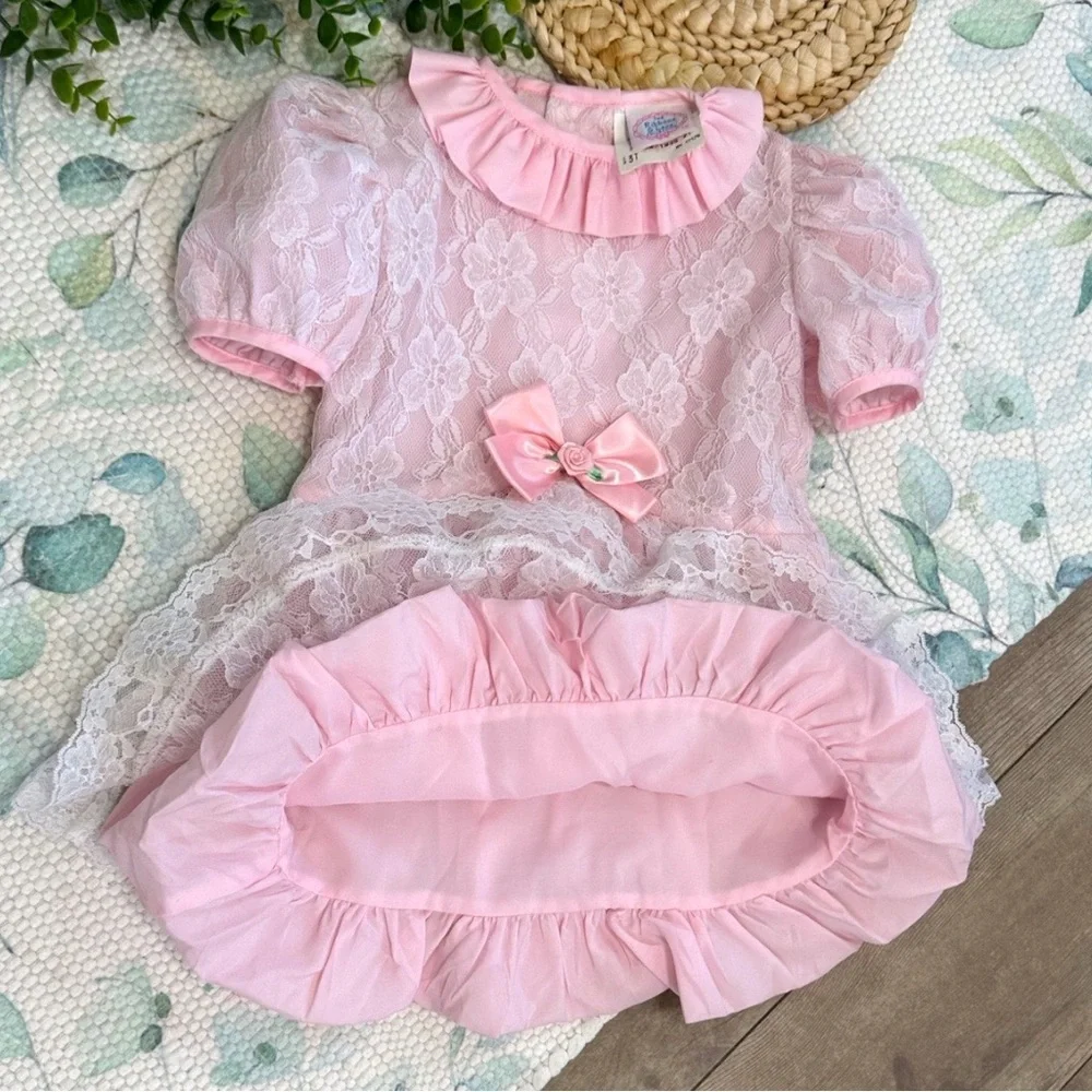 Vintage Toddler Girl Dress Pink White Floral Lace by Ribbons & Lace Collection